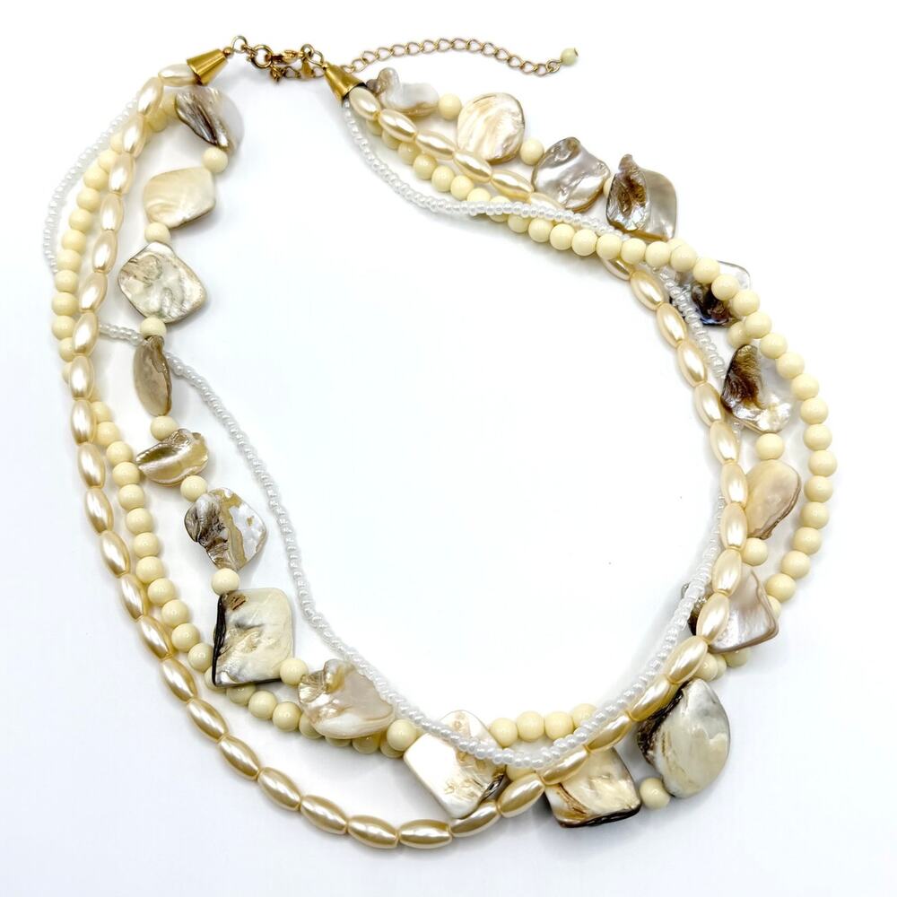 VTG Avon SJ 2007 Mother Of Pearl Seashell Cream Beaded Multi-Strand Necklace